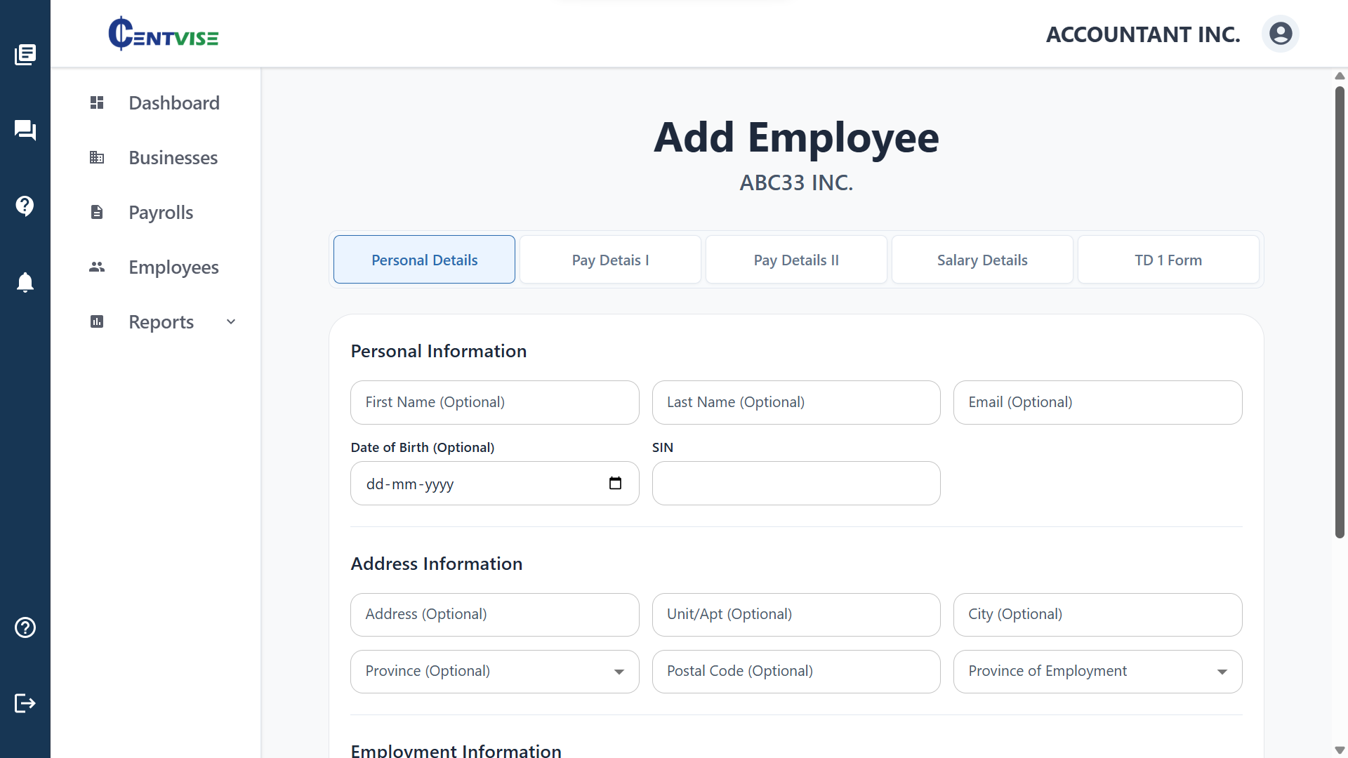 Add Employee Form screenshot